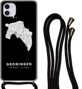 Hoesje met koord Geschikt voor iPhone 12 - Groningen - Nederland - Zwart - Siliconen - Crossbody - Backcover met Koord - Telefoonhoesje met koord - Hoesje met touw