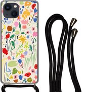Telefoonhoesje Geschikt voor iPhone 13 - Bloem - Patronen - Planten - Siliconen - Crossbody - Backcover met Koord - Telefoonhoesje met koord - Hoesje met touw Telefoonhoesje