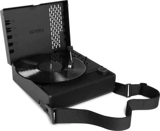 Draagbare zwarte Victrola Revolution GO platenspeler met riemaandrijving, Bluetooth en accu, 33/45/78 RPM
