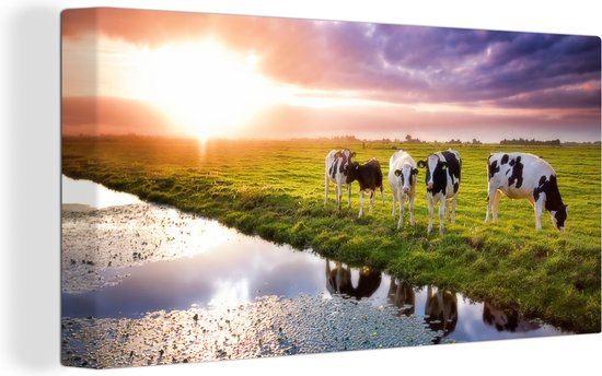 Tableau sur toile Vaches pendant un coucher de soleil - 40x20 cm - Décoration murale Art