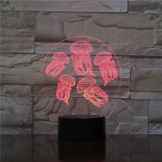 3D Led Lamp Met Gravering - RGB 7 Kleuren - Kwallen