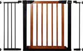 Porte d'escalier Springos | Barrière d'escaliers | Clôture de sécurité | Métal | Bois | Noir / marron | 111 - 117 centimètres