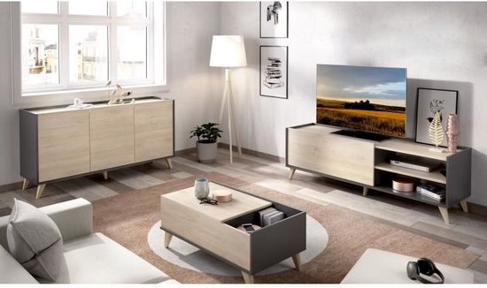 Ensemble meuble TV 2 abattants + buffet 3 portes + table basse - Chêne naturel et graphite - NESS