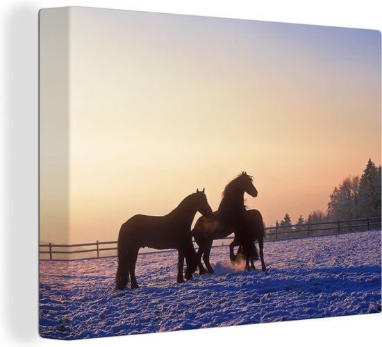 Canvas Schilderij Friese paarden in de winter - 120x90 cm - Wanddecoratie
