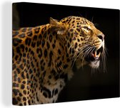 Canvas Schilderij Zijaanzicht van een luipaard weergegeven op een zwarte achtergrond - 80x60 cm - Wanddecoratie