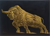 Fine Asianliving Olieverf Schilderij 100% Handgegraveerd 3D met Reliëf Effect en Zwarte Omlijsting 120x90cm Stier