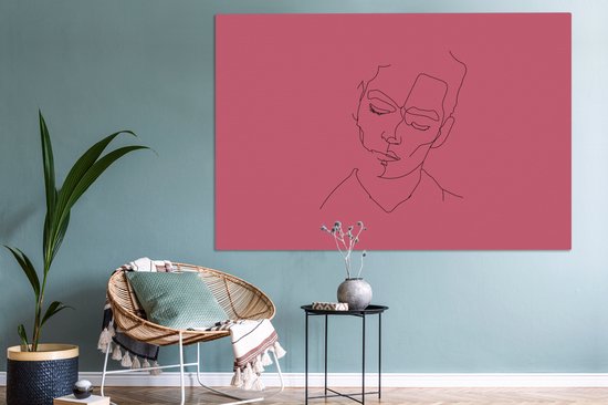 Canvas schilderij 180x120 cm - Wanddecoratie Line art - Man - Roze - Muurdecoratie woonkamer - Slaapkamer decoratie - Kamer accessoires - Schilderijen