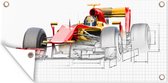 Tuinposter Een rode raceauto uit de Formule 1 in een illustratie - 80x40 cm - Wanddecoratie Buiten - Tuinposter - Tuindoek - Schuttingposter - Tuinschilderij