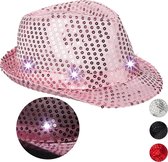 Relaxdays 1x pailetten hoed - feesthoed glitter - partyhoed LED - fedora hoed - felroze
