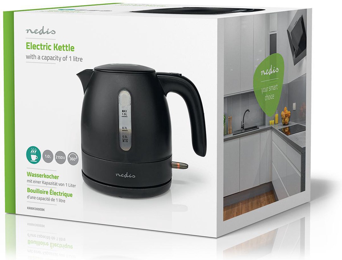 Nedis Waterkoker - 1.0 l - Kunststof - Zwart - 360 graden draaibaar - Verborgen verwarmingselement - Strix-controller - Droogkookbeveiliging — afbeelding 7