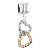 Tracelet | Zilveren bedels | Bedel Dubbel Hart | Charm goud en zilver met zirkonia | 925 Sterling Zilver| Pandora compatible | Met 925 Zilver Certificaat | In Leuke cadeauverpakkin