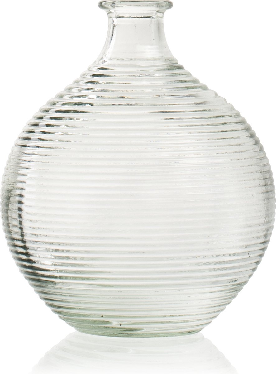 Jodeco Glass Flesvaas met ribbel 'Femke' h20 d16,5 cm - Transparant/Helder/Doorzichtig glas - Bloemen vaas - Decoratie - Gestreept/Geribbeld patroon