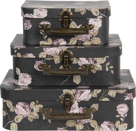 Decoratie koffer Set van 3 30*21*9/25*18*9/20*16*8 cm Zwart Karton Rechthoek Bloemen Opbergkoffer Koffer