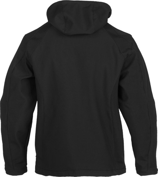 Zwarte softshell jas, achterkant.