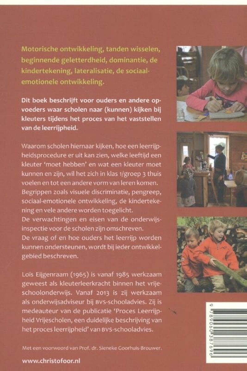 Boekcover met tekst over motorische ontwikkeling en kinderopvang, met foto's van spelende kinderen.