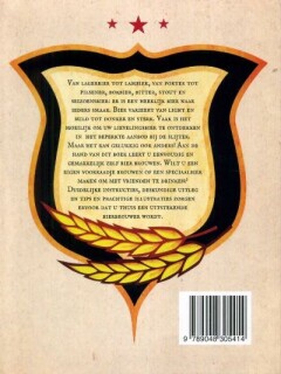 Achterkant van het boek Zelf Bier Brouwen, met een tekst en een wapenschild met tarwearen.