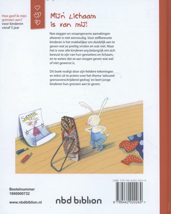 Achterkant van 'Mijn Lichaam is van Mij!' met illustratie van een konijn en een tekening.