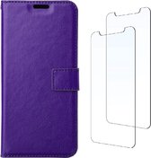 LuxeBass Boekhoesje en 2x Screenprotector geschikt voor iPhone 13 - Paars - telefoonhoes - gsm hoes - telefoonhoesjes