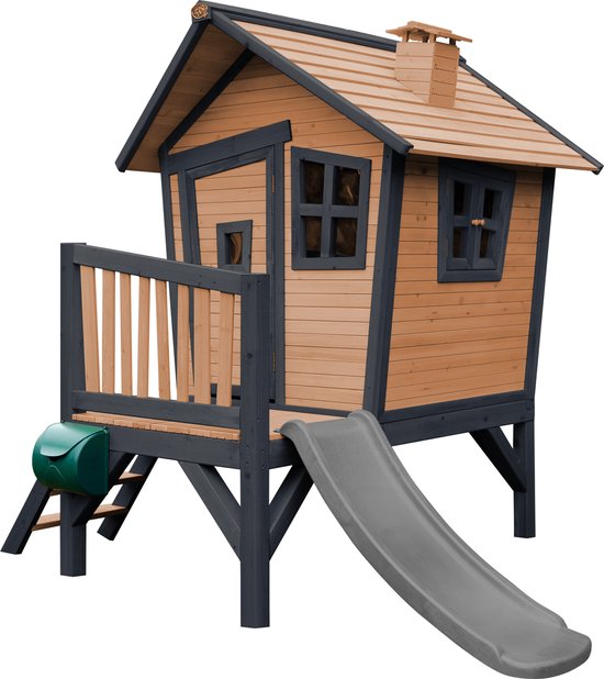 AXI Robin Speelhuis in Bruin/Antraciet - Met veranda en Grijze glijbaan - Speelhuisje op palen met veranda - FSC hout - Speeltoestel voor de tuin