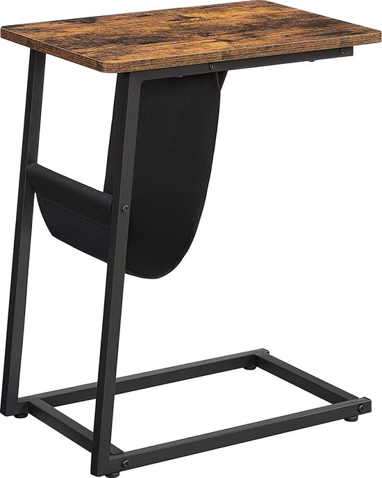 C-vormige salontafel, 50 x 35 x 62 cm, laptoptafel met stoffen tas, voor woonkamer, slaapkamer, industrieel ontwerp, vintage bruin-zwart LET351B01