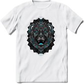Leeuw - Dieren Mandala T-Shirt | Lichtblauw | Grappig Verjaardag Zentangle Dierenkop Cadeau Shirt | Dames - Heren - Unisex | Wildlife Tshirt Kleding Kado | - Wit - 3XL