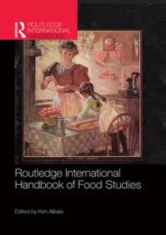 Boek 'Routledge International Handbook of Food Studies' met een afbeelding van twee vrouwen die in een keuken koken.