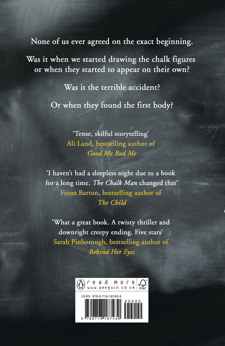Boekomslag met krijtbordtextuur, met tekst en recensies voor 'The Chalk Man'.
