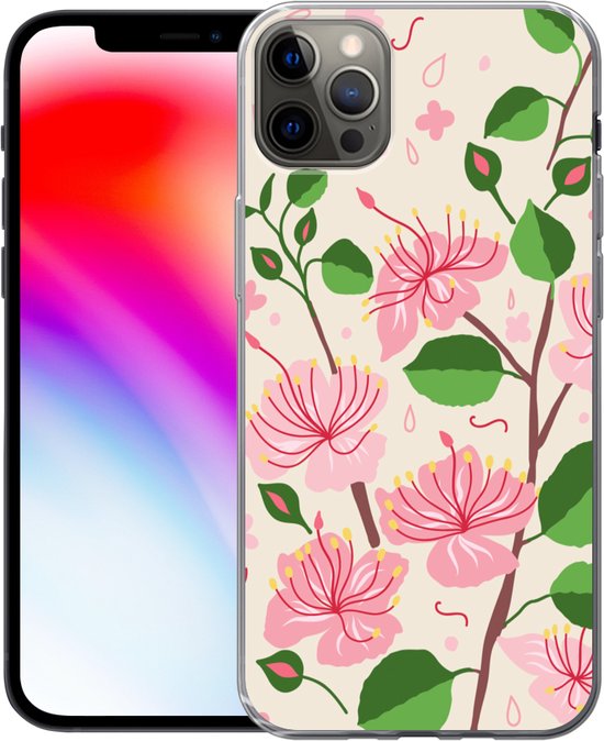 Coque iPhone 12 Pro Max - Bloem - Rose - Feuille - Motif - Coque de téléphone en Siliconen