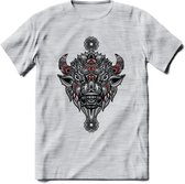 Bizon - Dieren Mandala T-Shirt | Rood | Grappig Verjaardag Zentangle Dierenkop Cadeau Shirt | Dames - Heren - Unisex | Wildlife Tshirt Kleding Kado | - Licht Grijs - Gemaleerd - S
