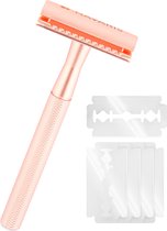 Navaris duurzaam scheermes voor dames - Safety razor - Inclusief 5 scheermesjes - Dubbelzijdig mesje voor een gladde huid - Zero waste - Roségoud