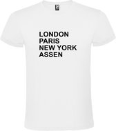 Wit t-shirt met " London, Paris , New York, Assen " print Zwart size M