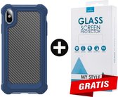 Backcover Shockproof Carbon Hoesje iPhone X Blauw - Gratis Screen Protector - Telefoonhoesje - Smartphonehoesje