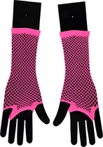 Apollo - Visnet handschoenen - Lange handschoenen - Fluor Rose - One Size - Kanten handschoenen - Neon verkleedkleding - Feestkleding - Carnaval