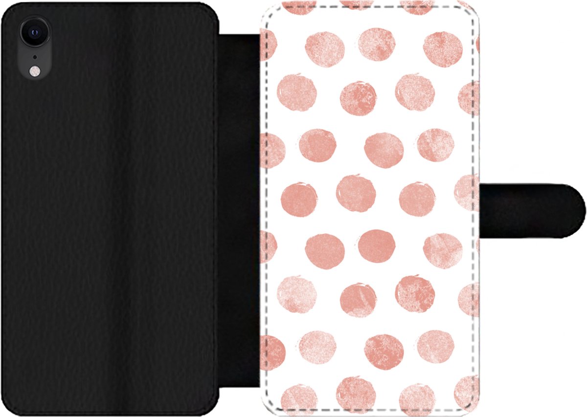 Telefoonhoesje Geschikt voor iPhone XR telefoonhoesje - Stippen - Roze - Wit - Met vakjes - Wallet case met magneetsluiting