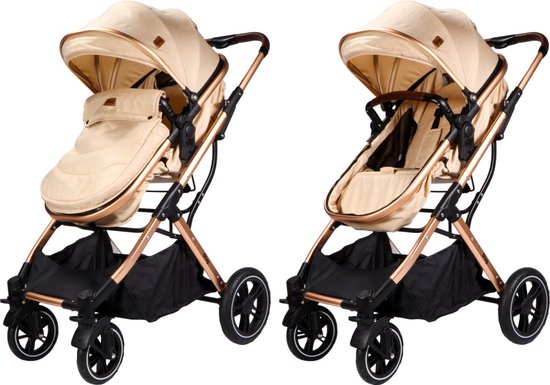 Beige combi kinderwagen met goudkleurig frame, met voetenzak en zitje.