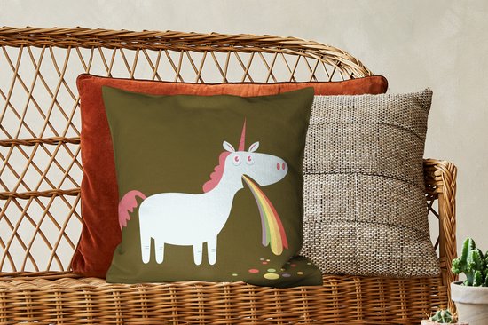 Sierkussen Licorne illustration pour usage intérieur - Une illustration d'une licorne vomissant - 45x45 cm - Coussin intérieur carré en coton