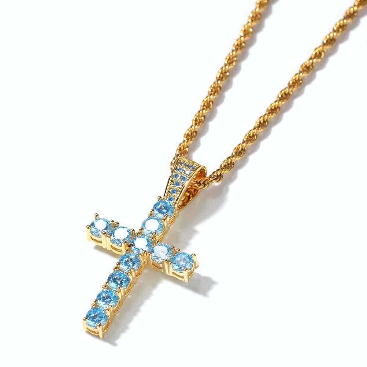 ICYBOY 18K Religieus Heren Ketting met Blauwe Krystallen Kruis Verguld Goud [GOLD-PLATED] [ICED OUT] [20 - 50CM] - Gold Plated Cross Pendant Necklace Blue Crystal Cross
