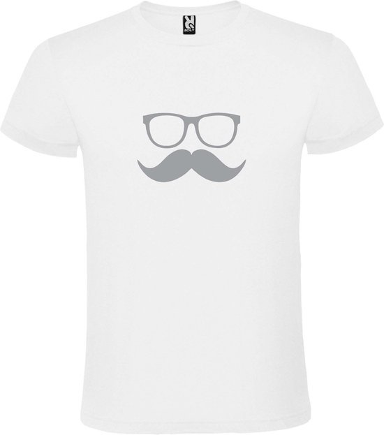 Wit  T shirt met  print van "Bril en Snor " print Zilver size XXXL