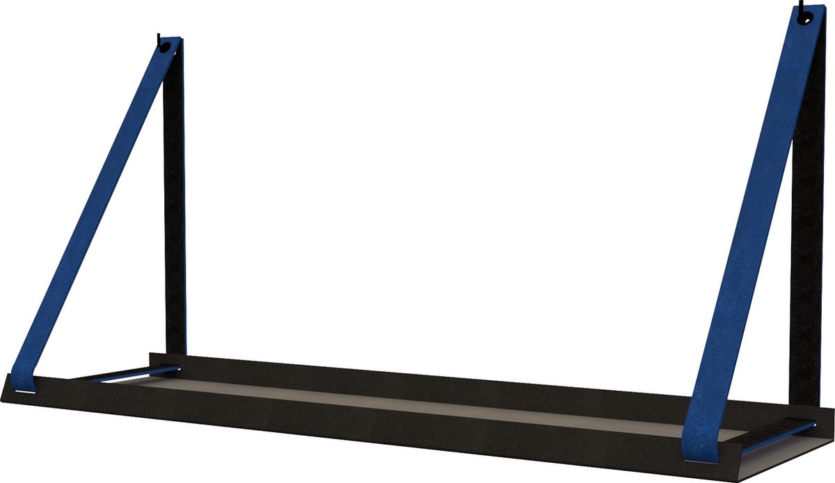 Handles and more - Stalen wandplank zwart 70cm + leren plankdragers Blauw