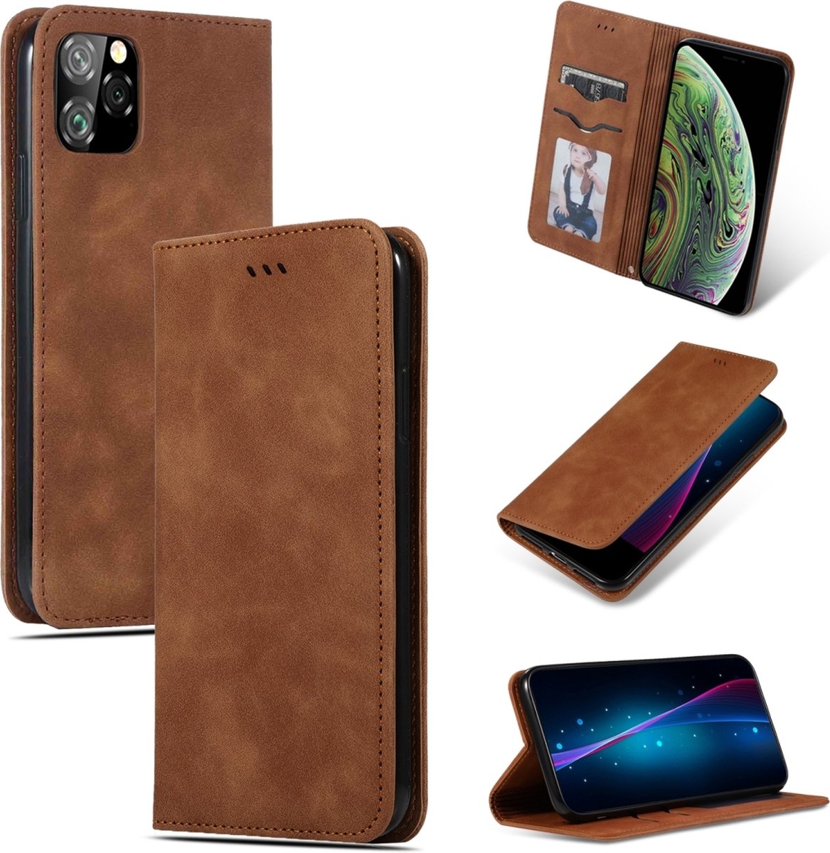 Mobigear Telefoonhoesje geschikt voor Apple iPhone 11 Pro Max Hoesje | Mobigear Retro Slim Bookcase | Pasjeshouder voor 2 Pasjes | Telefoonhoesje voor Pinpas / OV Kaart / Rijbewijs - Bruin