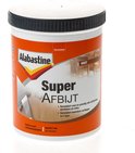 Alabastine Super Afbijt pot met oranje label en een afbeelding van een houten ondergrond waar verf wordt verwijderd.