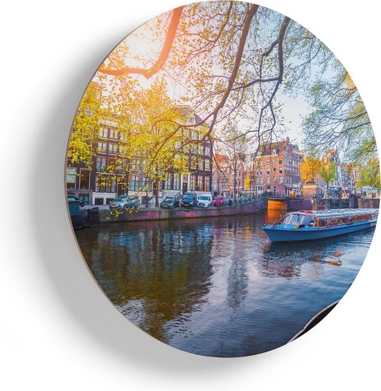 Artaza Houten Muurcirkel - Amsterdamse Gracht Tijdens Het Voorjaar - Ø 70 cm - Multiplex Wandcirkel - Rond Schilderij