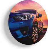 Artaza Houten Muurcirkel - Blauwe Sportwagen Auto Bij Zonsondergang - Ø 70 cm - Multiplex Wandcirkel - Rond Schilderij