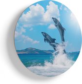 Artaza Houten Muurcirkel - Dolfijnen Springen uit het Water - Ø 60 cm - Multiplex Wandcirkel - Rond Schilderij