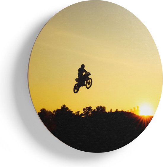 Artaza Houten Muurcirkel - Silhouet Van Een Motorcross Bij Zonsondergang - Ø 65 cm - Multiplex Wandcirkel - Rond Schilderij