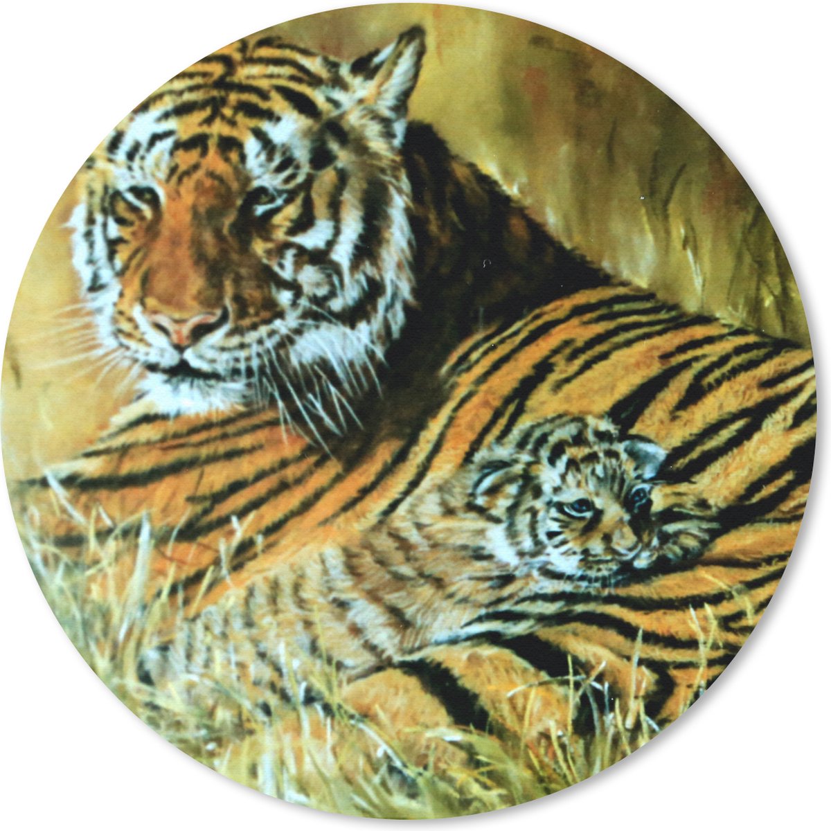 Muismat rond 20x20 cm - Mousepad Olieverfschilderij Tijger en haar jong - Ronde muismatten
