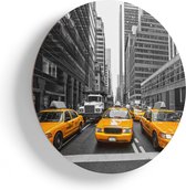 Artaza Houten Muurcirkel - New York Gele Taxi's - Zwart Wit - Ø 80 cm - Groot - Multiplex Wandcirkel - Rond Schilderij