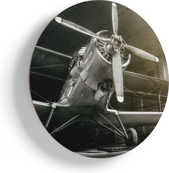 Artaza Houten Muurcirkel - Oud Vliegtuig In Een Hangar - Zwart Wit - Ø 90 cm - Groot - Multiplex Wandcirkel - Rond Schilderij