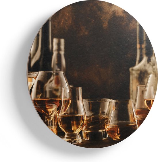 Artaza Houten Muurcirkel - Glazen met Sterke Drank - Flessen - Ø 75 cm - Multiplex Wandcirkel - Rond Schilderij