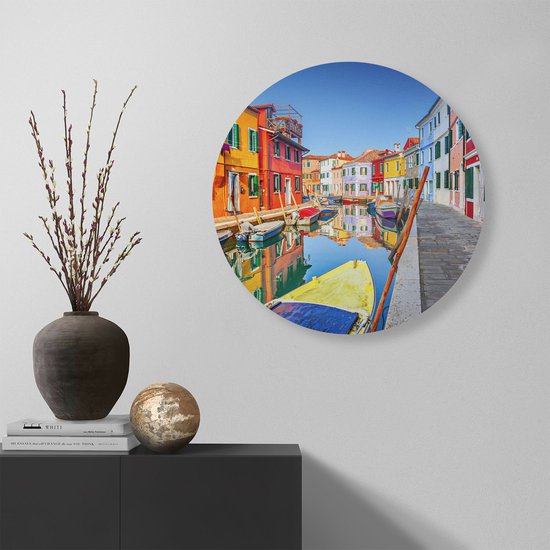 Artaza Dibond Muurcirkel Kleurrijke Huisjes aan het Water in Venetië - Ø 60 cm - Wandcirkel - Rond Schilderij - Voor Binnen en Buiten